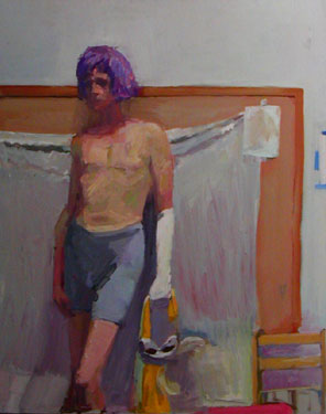 model in purple wig