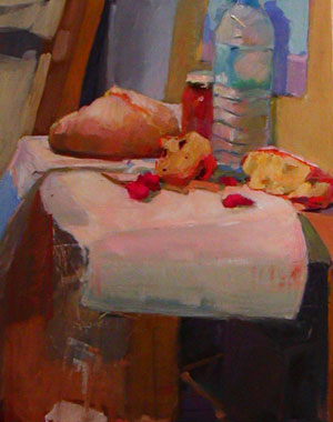 still life bread water bottle sam